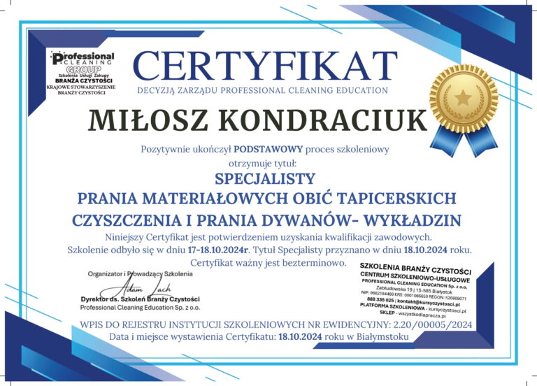 Certyfikat Posiadanego Doświadczenia do prania i czyszczenia